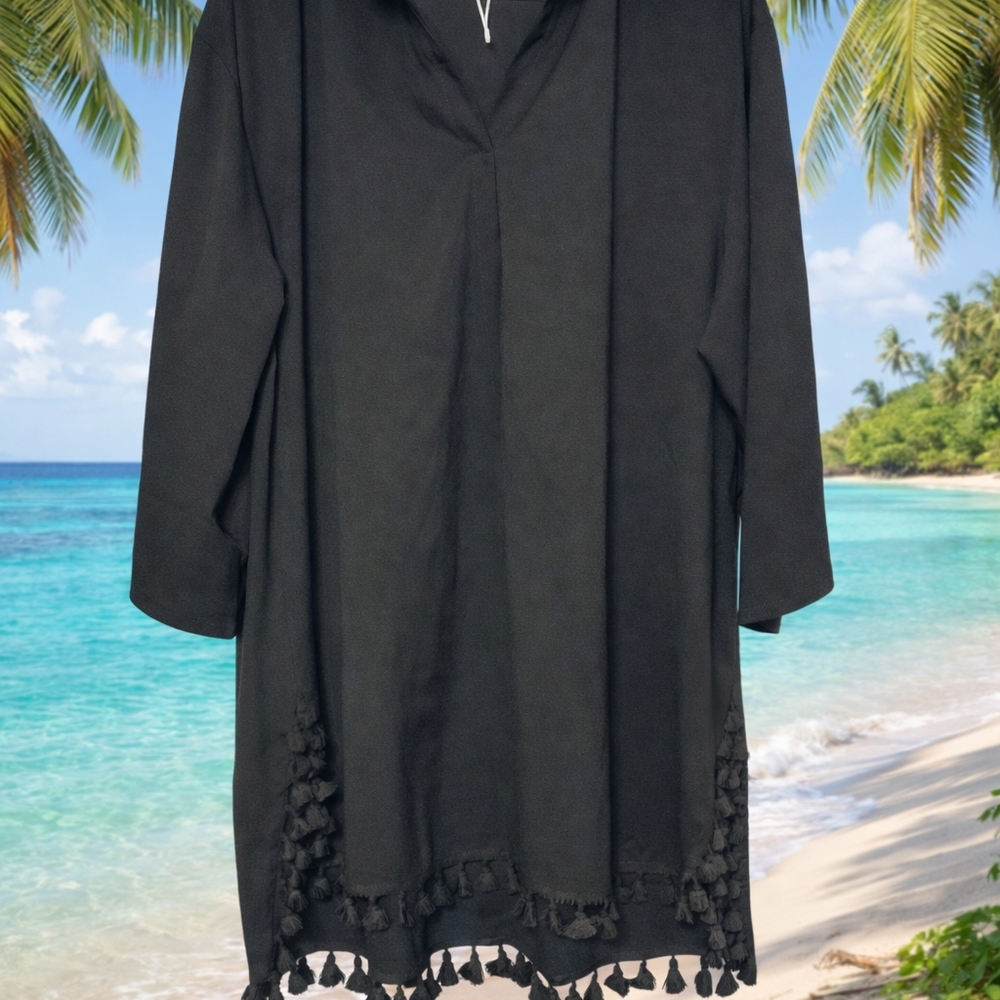 INC International Concepts Black Tassel Swim Coverup